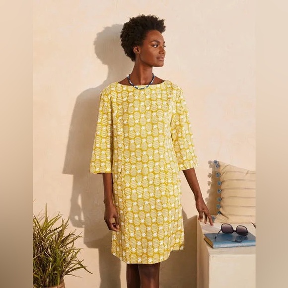 Boden Laurie Linen 3/4 Sleeve Shift Dress in Chartreuse, Pineapple Geo size 14R - Picture 1 of 13